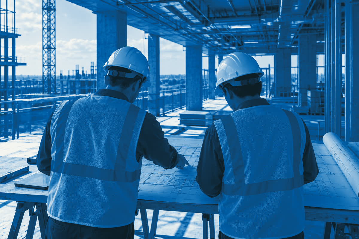 Dos ingenieros con casco revisan un plano técnico en obra