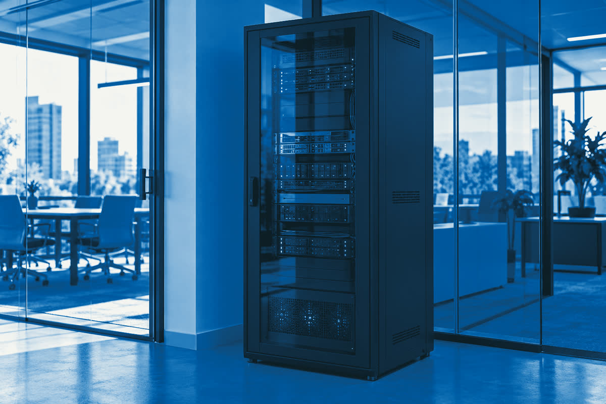 Gabinete de micro data center instalado en una oficina corporativa