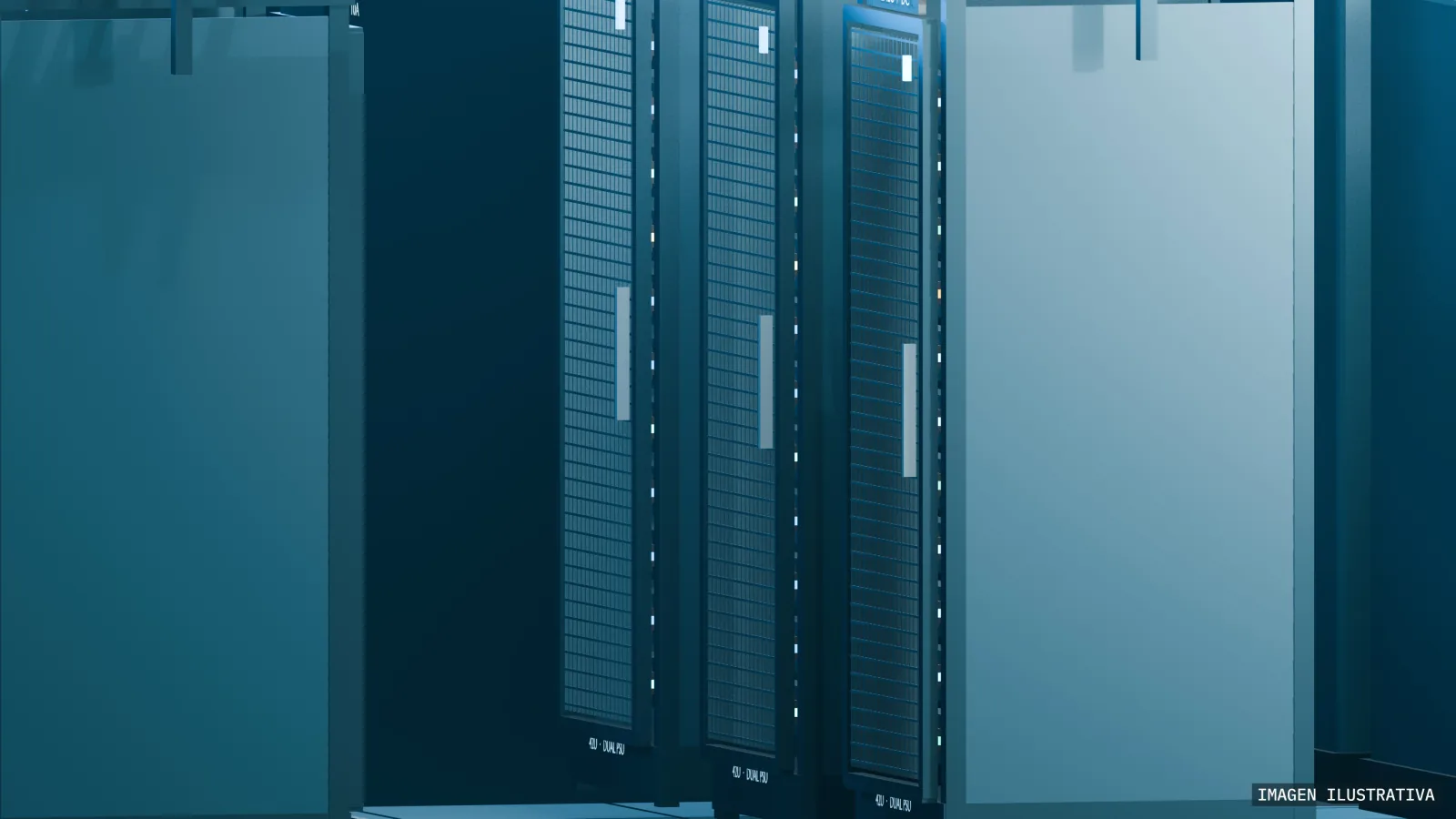 Pasillo de racks de un centro de datos con luces de estado azules